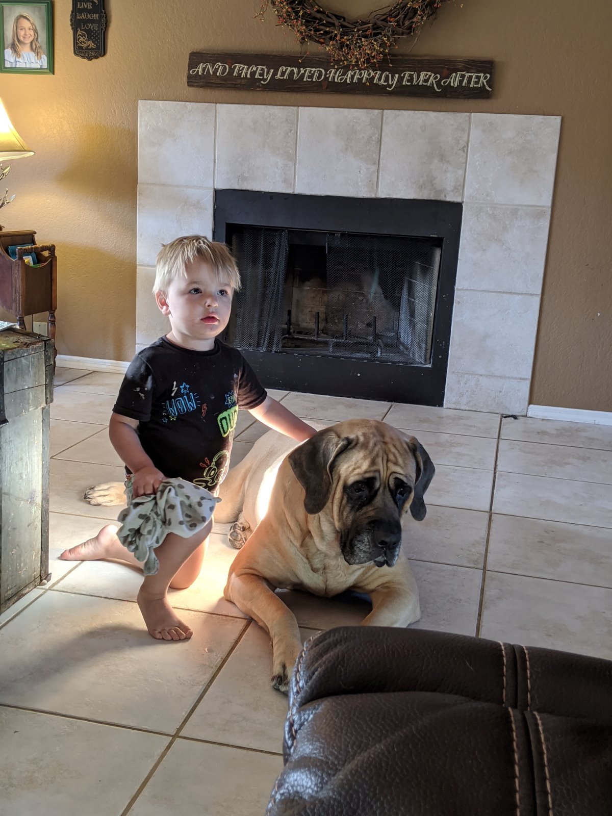 Liberty lying beside our son at the fireplace